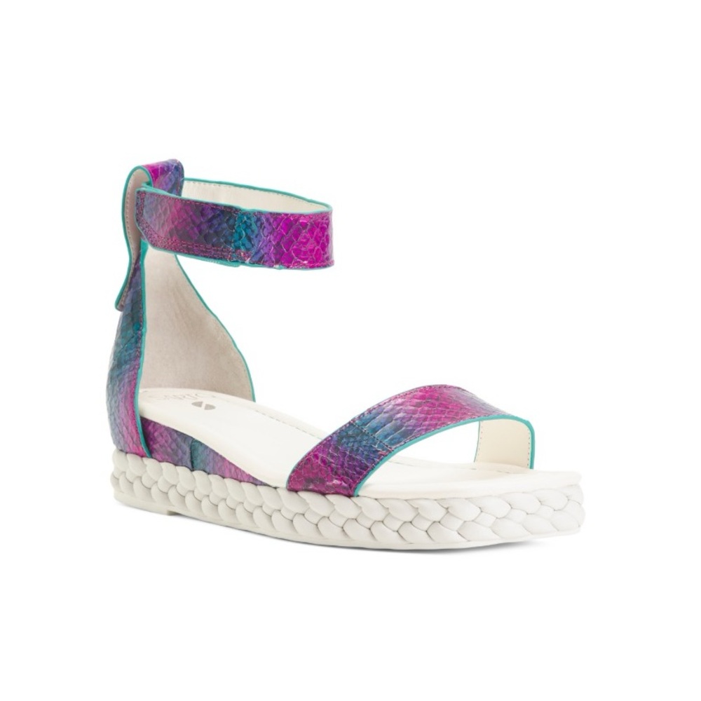Franco Sarto Purple Teal Pink Snake-Embossed Ankle Strap Sandals